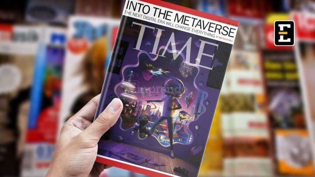 Persona sostiene revista TIME donde una ilustración del metaverso es la portada.